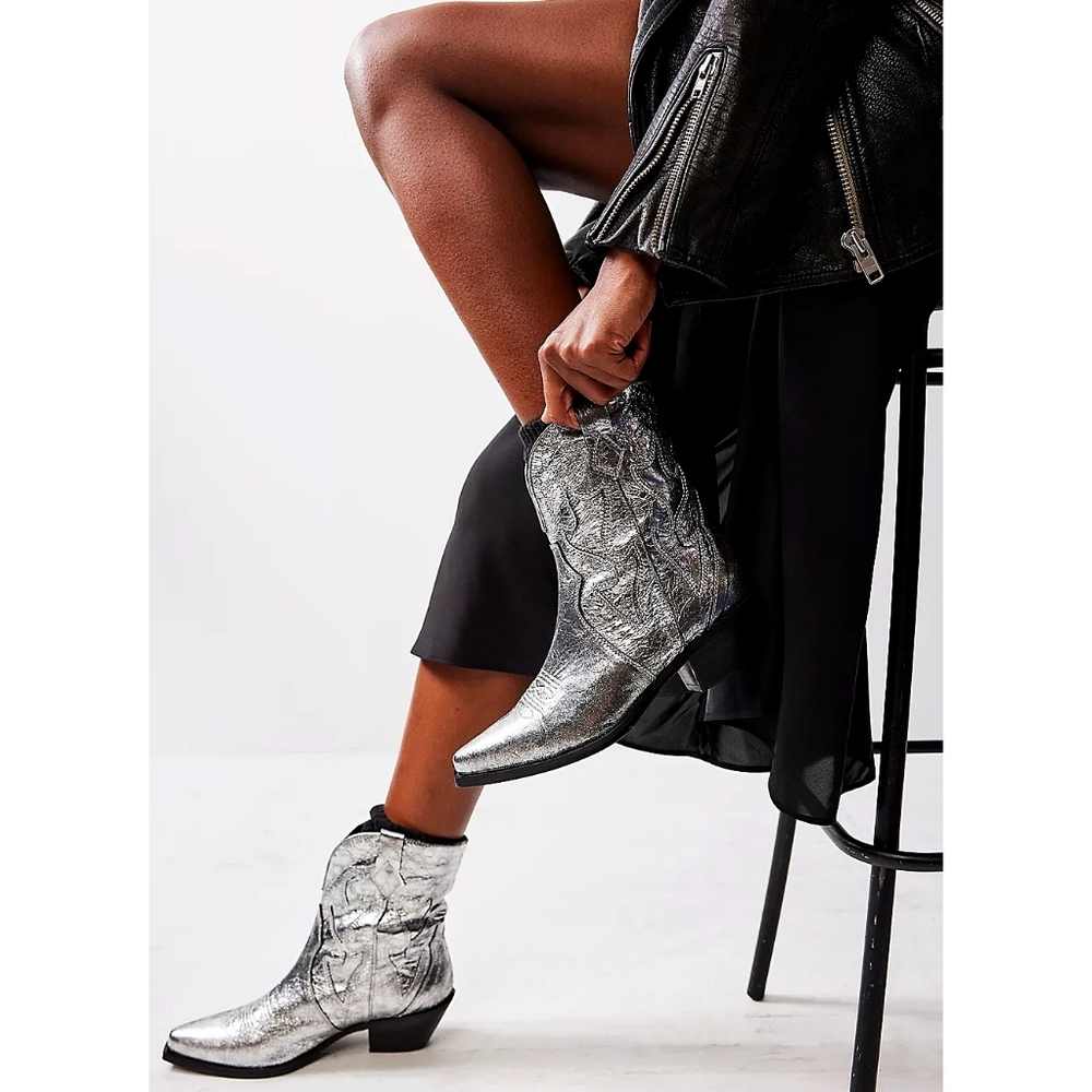 Free People Way Out West Cowboy Distressed Silver Boots